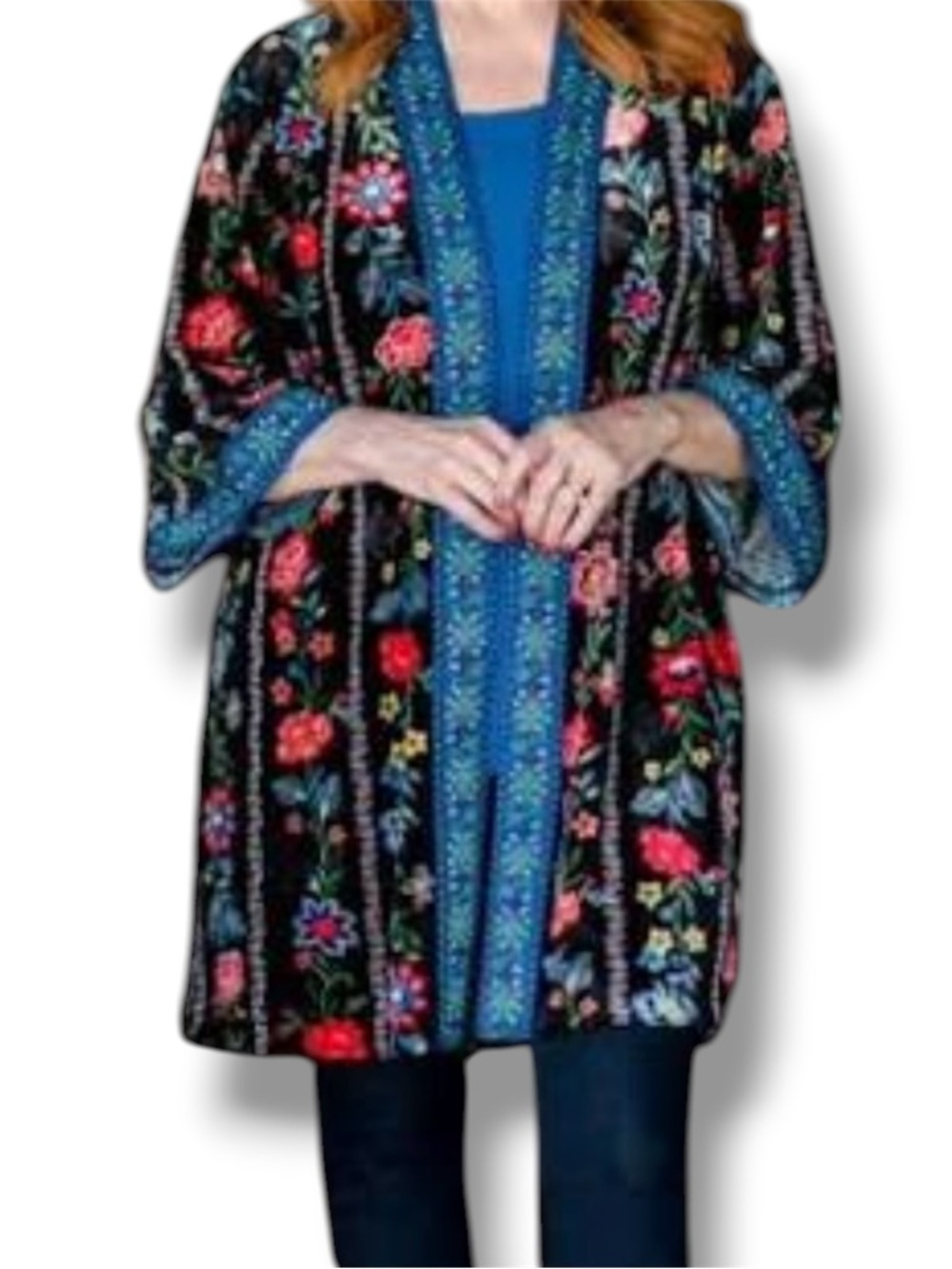 The Pioneer Woman Black Floral Embroidered Kimono with Blue Trim